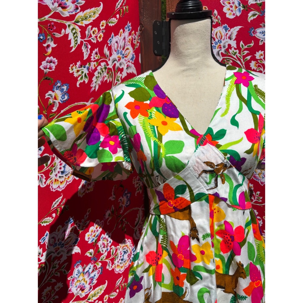 VTG 70's Neon Floral Ruffle Vacation Whimsy Boho Chic Midi Dress Size M-L - Picture 3 of 13